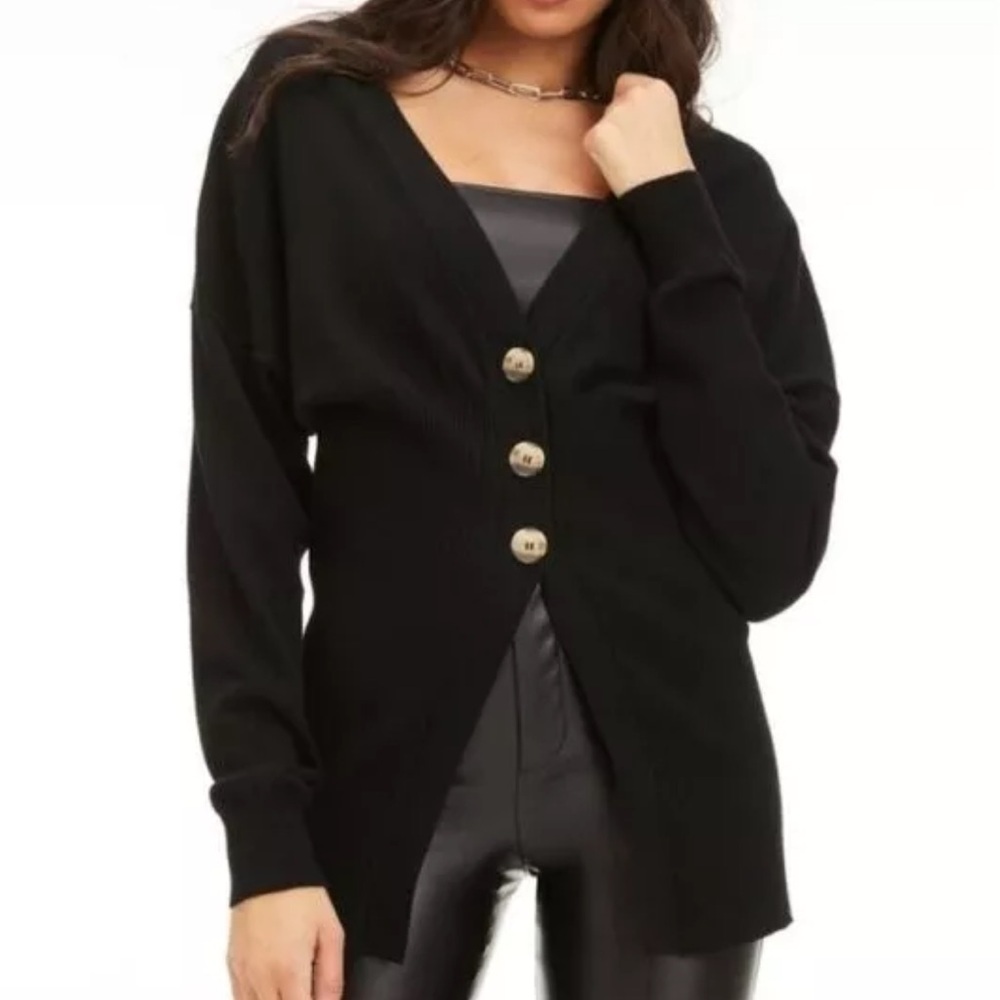 Good American Black Cardigan Size 5/6 2X 3X Button Front V Neck Sweater